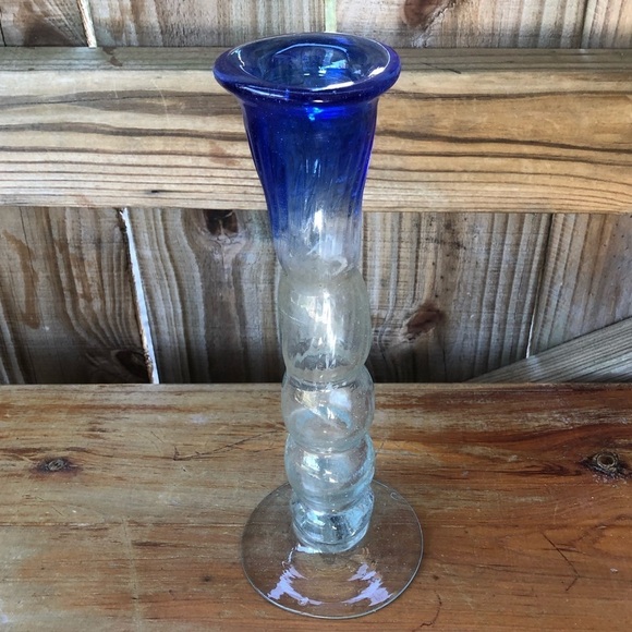 Mouth Blown Seeded Glass Bud Vase with Cobalt Blue Ombré Rim Size 10 1/4”H - Picture 2 of 5